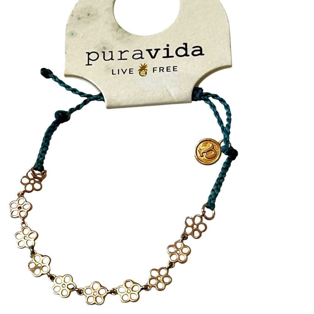 Puravida Bracelet with Blue Cord and Copper Colored flowers NWT